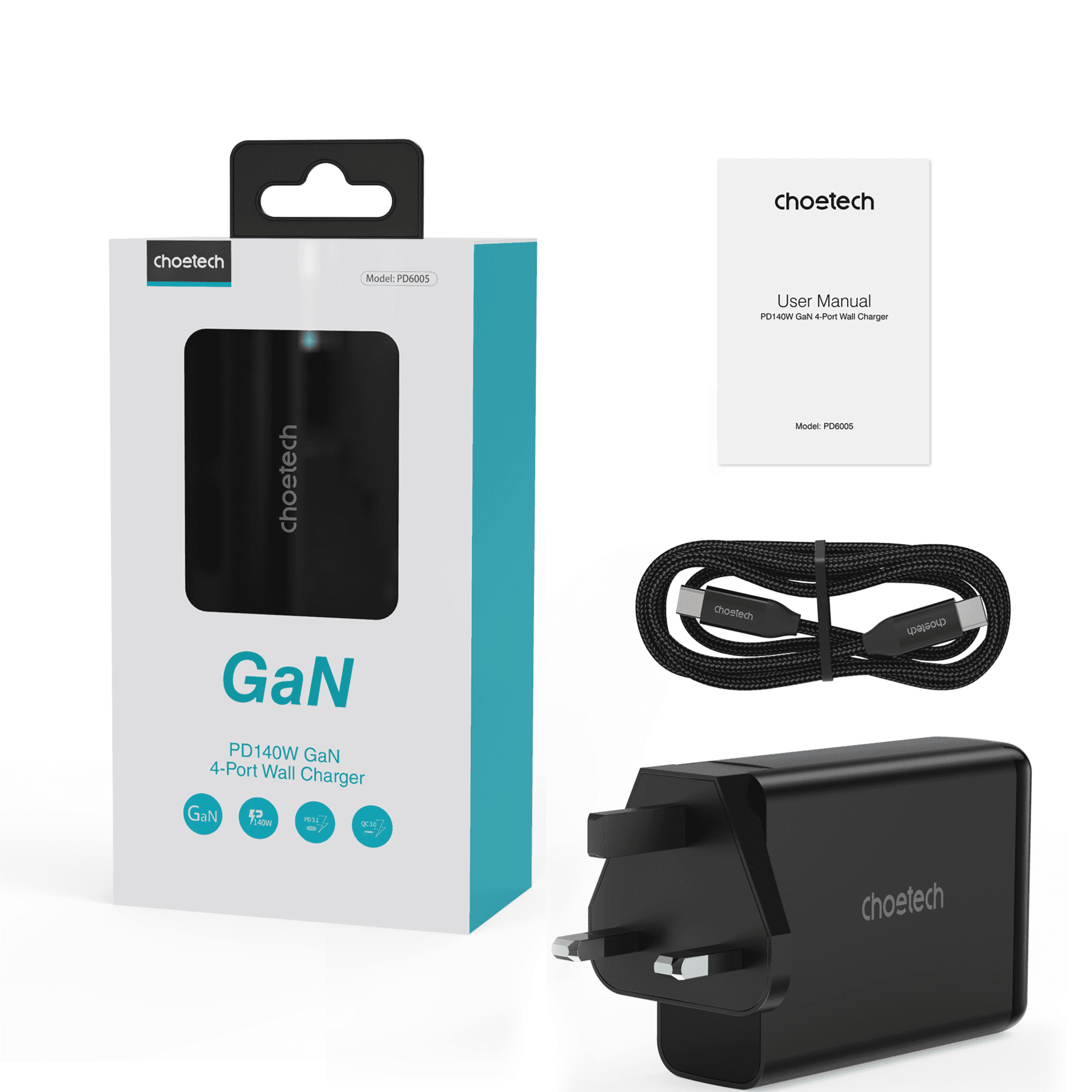Choetech 140w 2c+2a Gan Wall Charger Uk