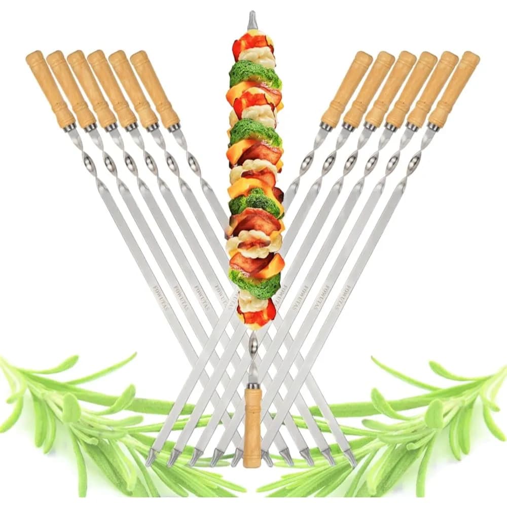 Kabob Skewers Flat Metal BBQ Barbecue Skewer Wooden Handle Stainless Steel Shish Kabob Sticks Wide Reusable Grilling Set Meat Shrimp Chicken Vegetable Kebab Fork Sausage-12PCS