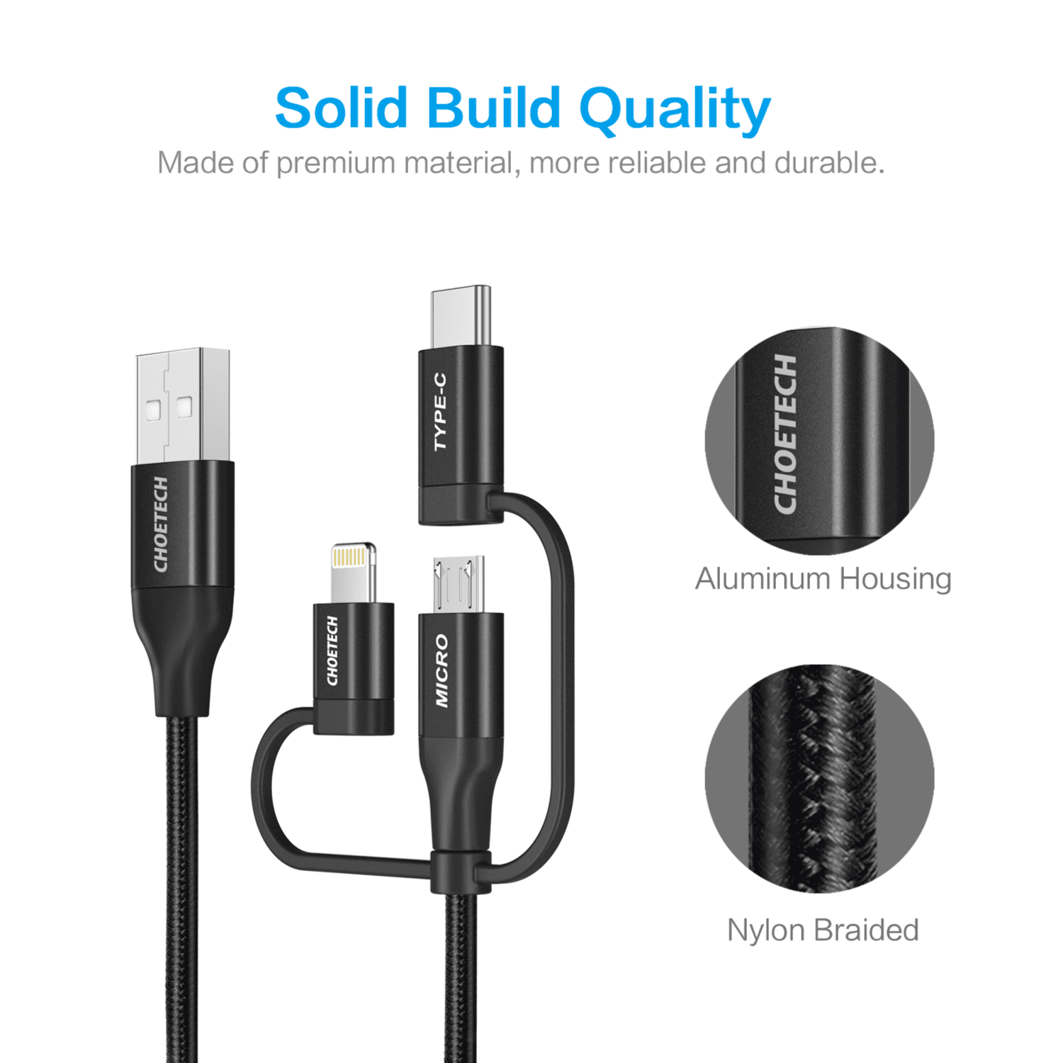 Choetech 1.2m Mfi 3-in-1 Usb-a To Type-c+micro+lightening Nylon Cable
