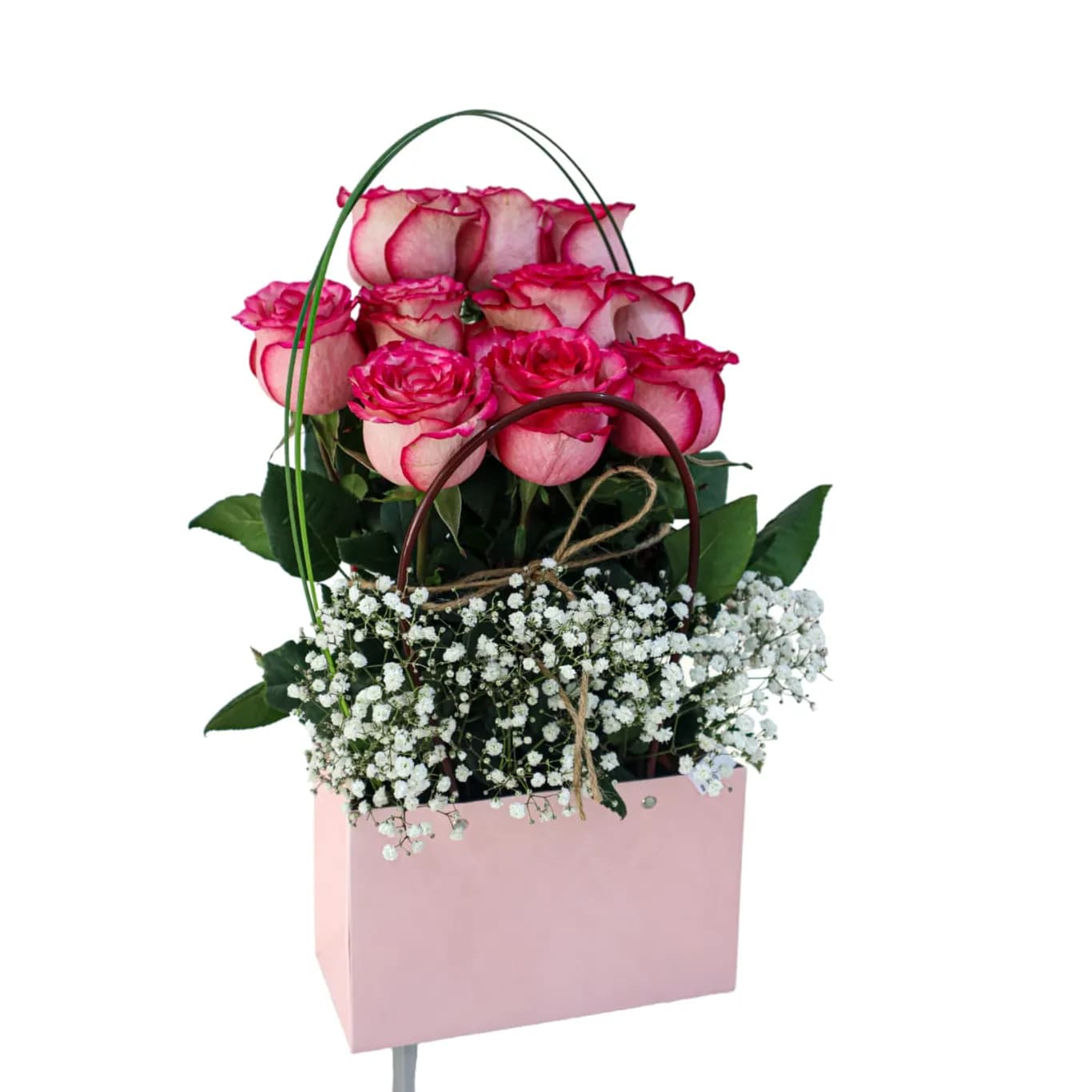 10 Pink Roses In A Pink Bag