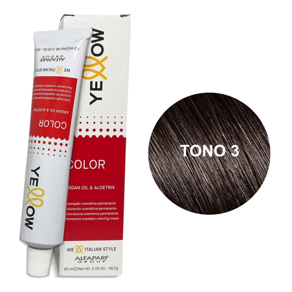 Alfaparf Yellow 3 Dark Natural Brown Permanent Hair Color Cream With Argan Oil & Aloetrix -Contain Ammonia- 100M