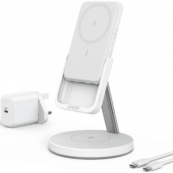 بطارية و ستاند انكر MagGo / بطارية و ستاند مكتبي 2 في 1 / تدعم MagSafe / سعة 5000 mAh / ابيض