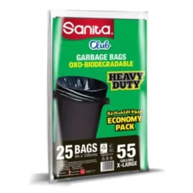 Sanita Trash Bags Club, 55 Gallons, 25 Bags, Oxo Biodegradable, Black