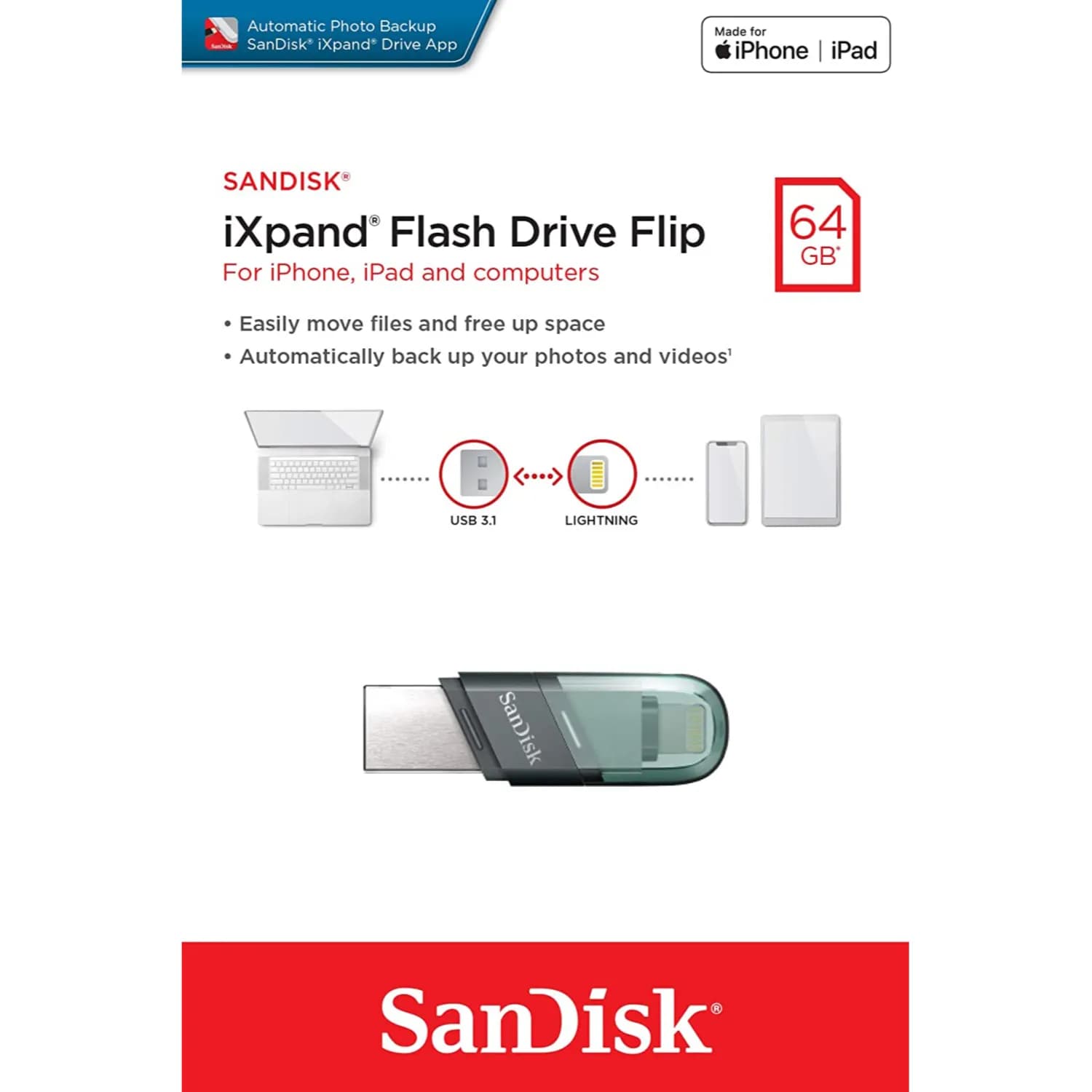 Sandisk 64Gb Ixpand Flash Drive Flip For Iphones,Ipad & Computer