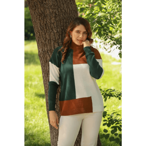 Women Square Colorblock Turkish Knitted Long Sleeves Sweater B443 Free Size