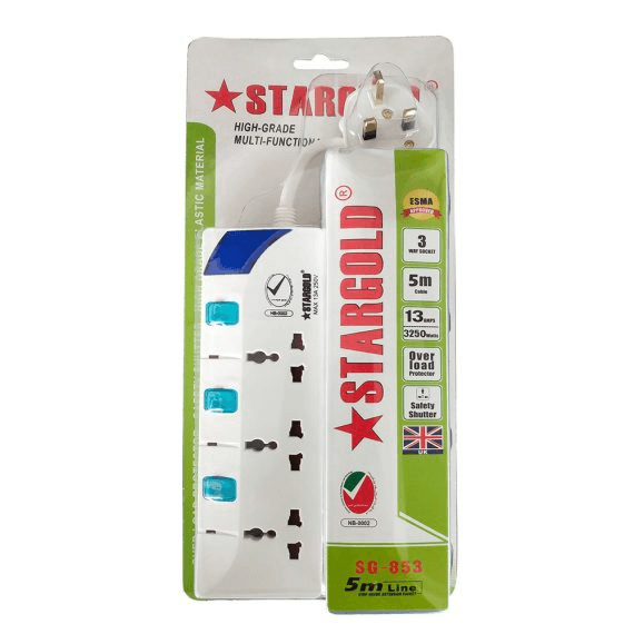 Stargold Heavy Duty Electric Universal Extension Cord 3 Socket 5 Meter