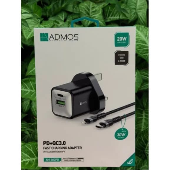 ADMOS AM-802PD 20W Fast charging adapter with Type-C to Lightning Cable (USB-A+USB-C)