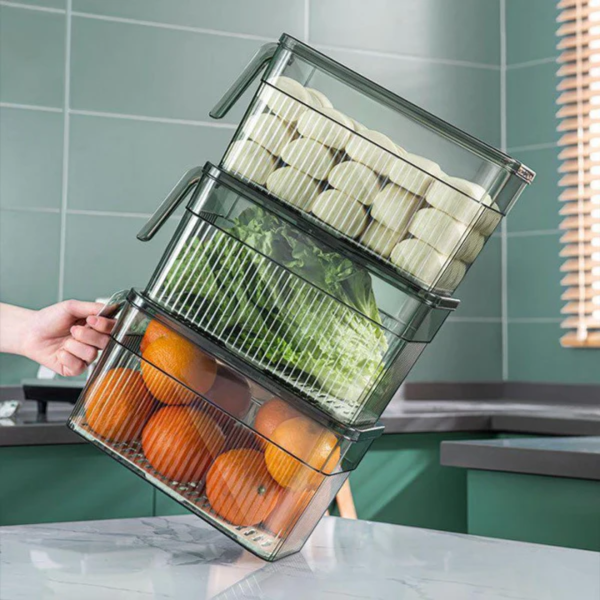 2pcs Transparent Fridge Organizer Storage Box With Drain Tray & Freshness Timer