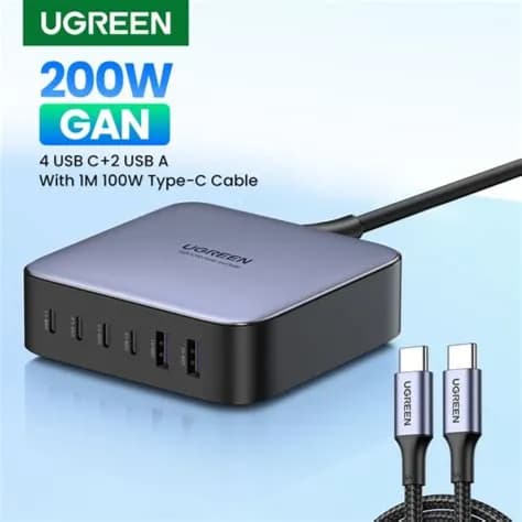 UGREEN Nexode 200W USB C Charger Plug 6 Ports GaN PD Desktop Power Adapter with 1m USB C Cable Compatible with MacBook Pro/Air M1, iPhone 15/14, iPad Pro, Pixel 7, Galaxy S23, Tab A8/S8, etc