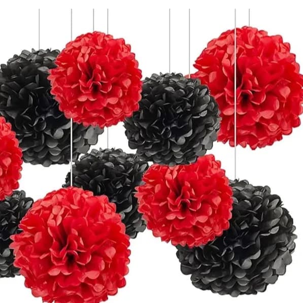 Red Black Pom Pom Tissue - Pack Of 6 Pcs - 10 Inches