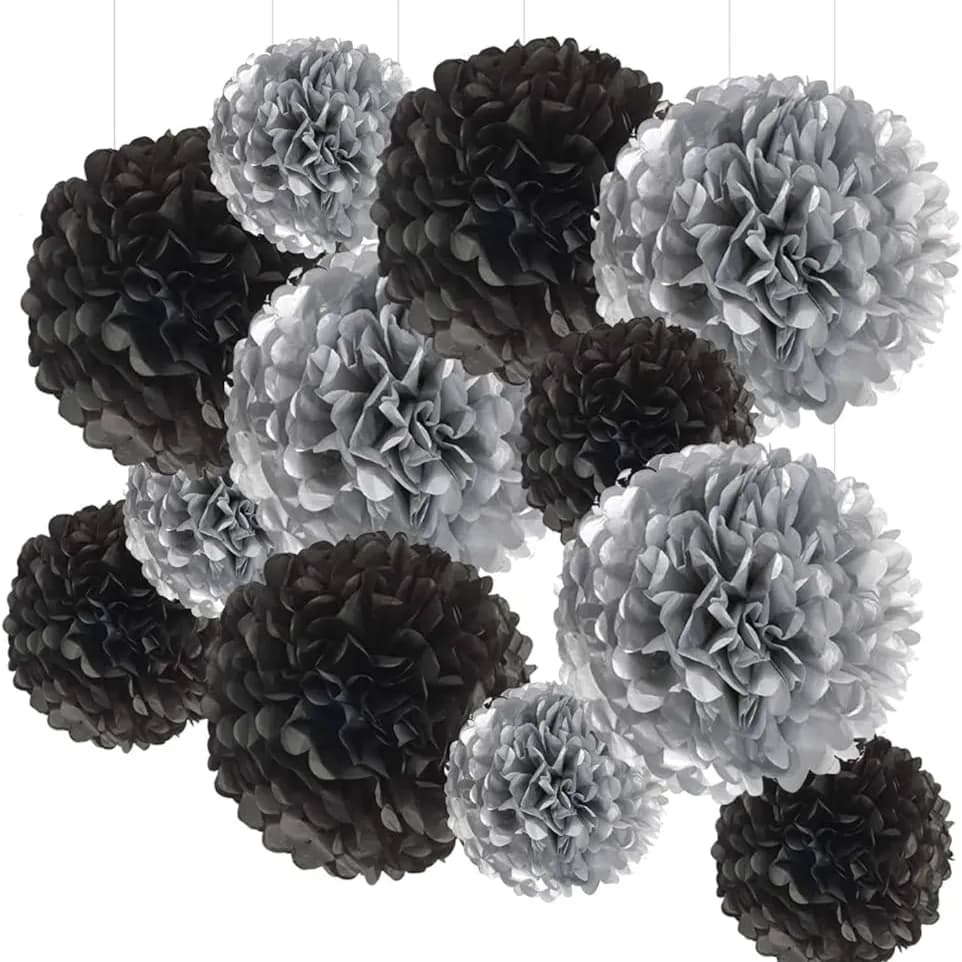 Black Silver Tissue Pom Pom - Pack Of 6 Pcs - 10 Inches