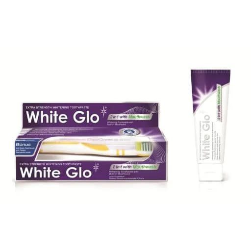 White Glo Whitening 2 In 1 Toothpaste With Built-In Mouth Wash 150Gm With Bonus Anti Stain Toothbrush & Flosser