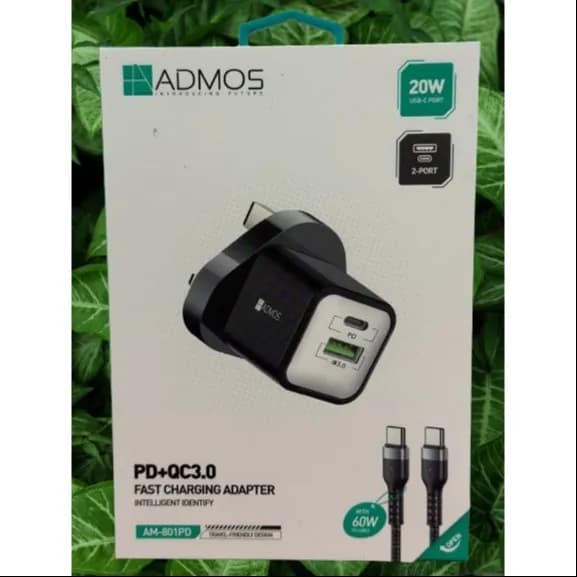 ADMOS AM-801PD 20W Fast charging adapter with Type-C to C Cable (USB-A+USB-C)