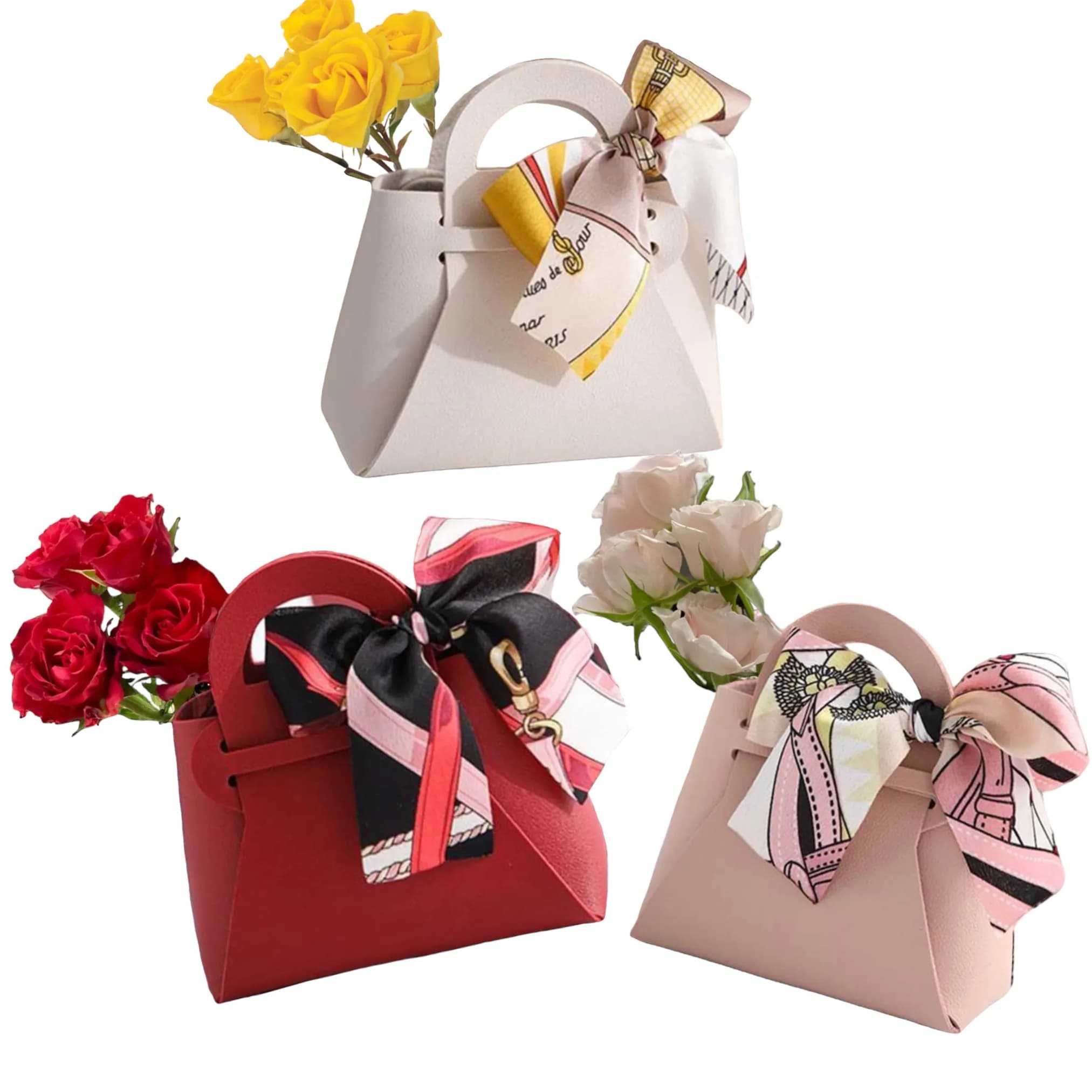 3 Giveaway Baby Roses In Leather Bag