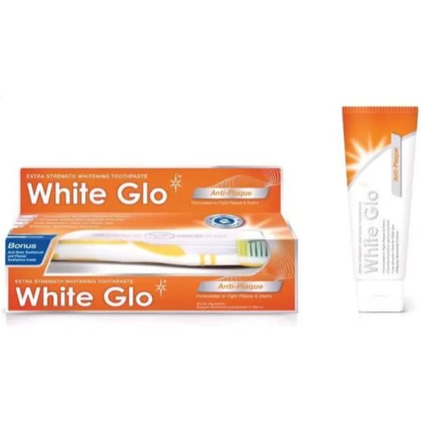 White Glo Extra Strength Whitening Toothpaste Anti-Plaque With Bonus Anti Stain Toothbrush & Flosser 150Gm