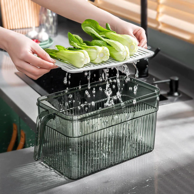 2pcs Transparent Fridge Organizer Storage Box With Drain Tray & Freshness Timer