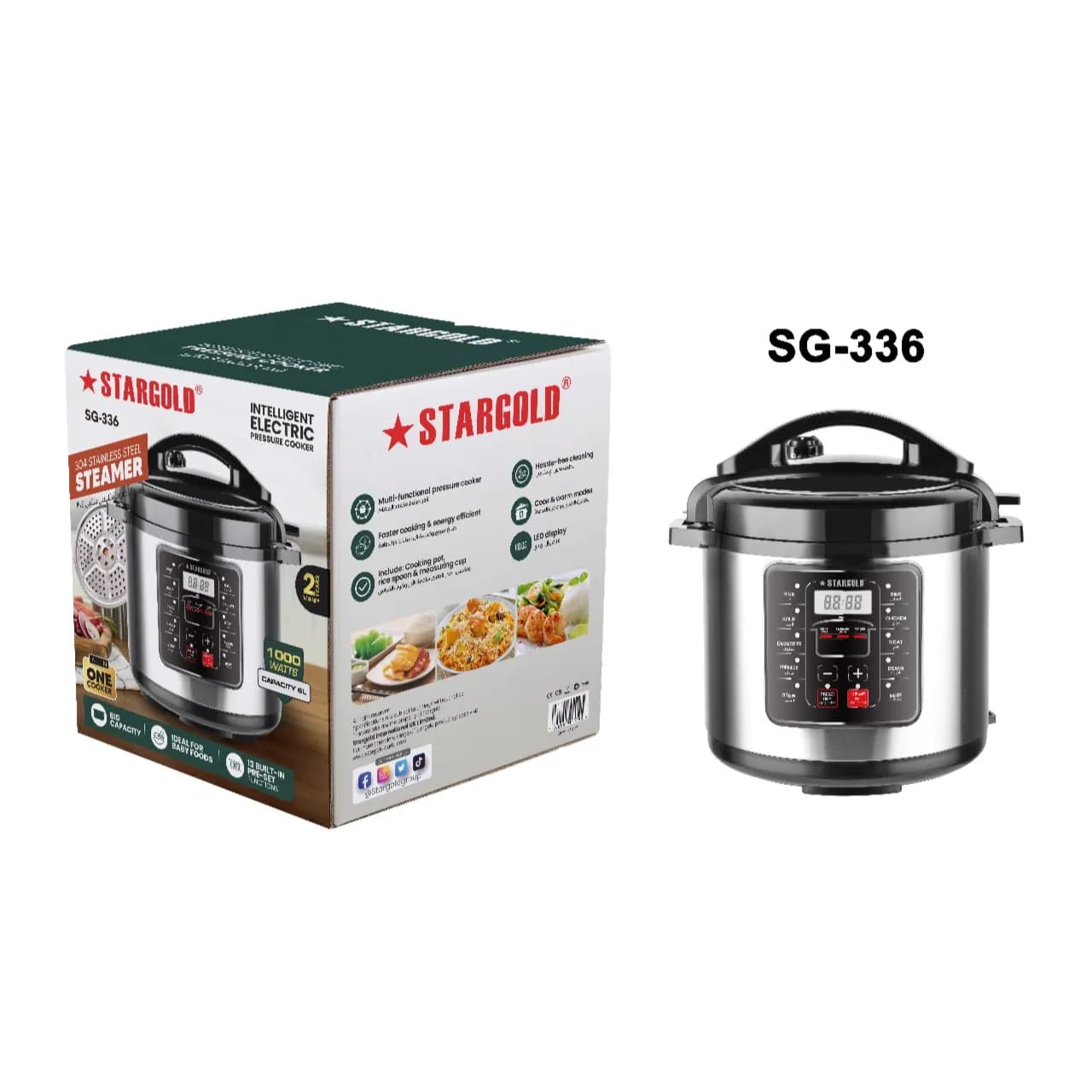 STARGOLD 10 In 1 Electric Pressure Cooker Stainless Steel Body, Touch Programmable, 6L Capacity. 1000 Watts, SG-336