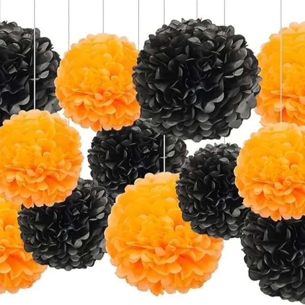 Black Orange Pom Pom Tissue - Pack Of 6 Pcs - 10 Inches