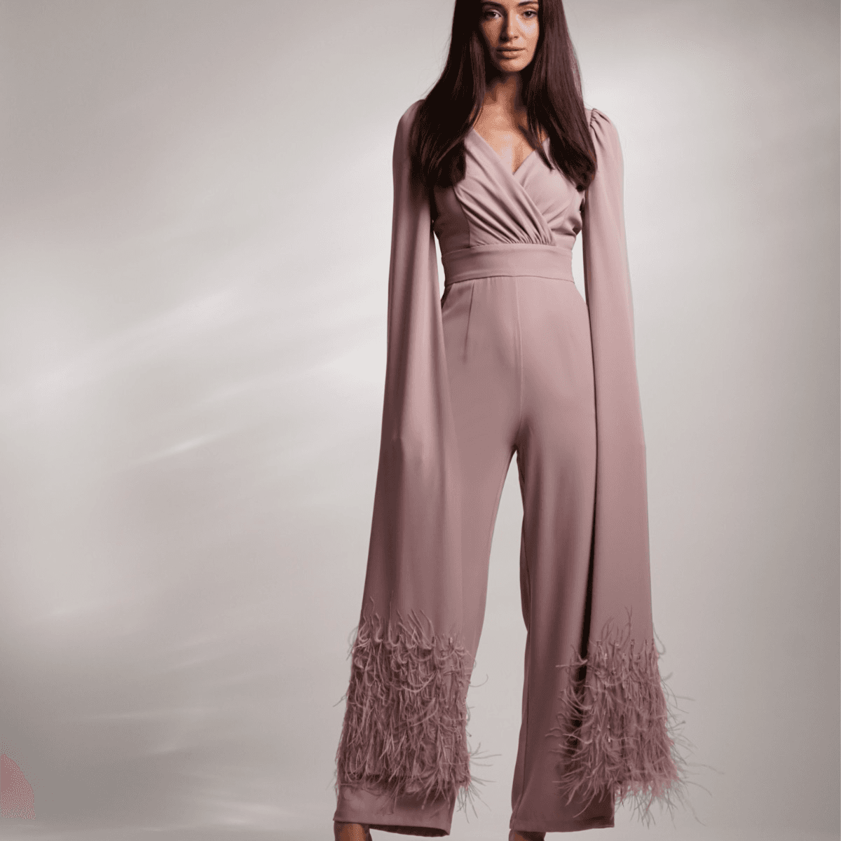 Pink Jumpsuit With Feather Cape Sleeves