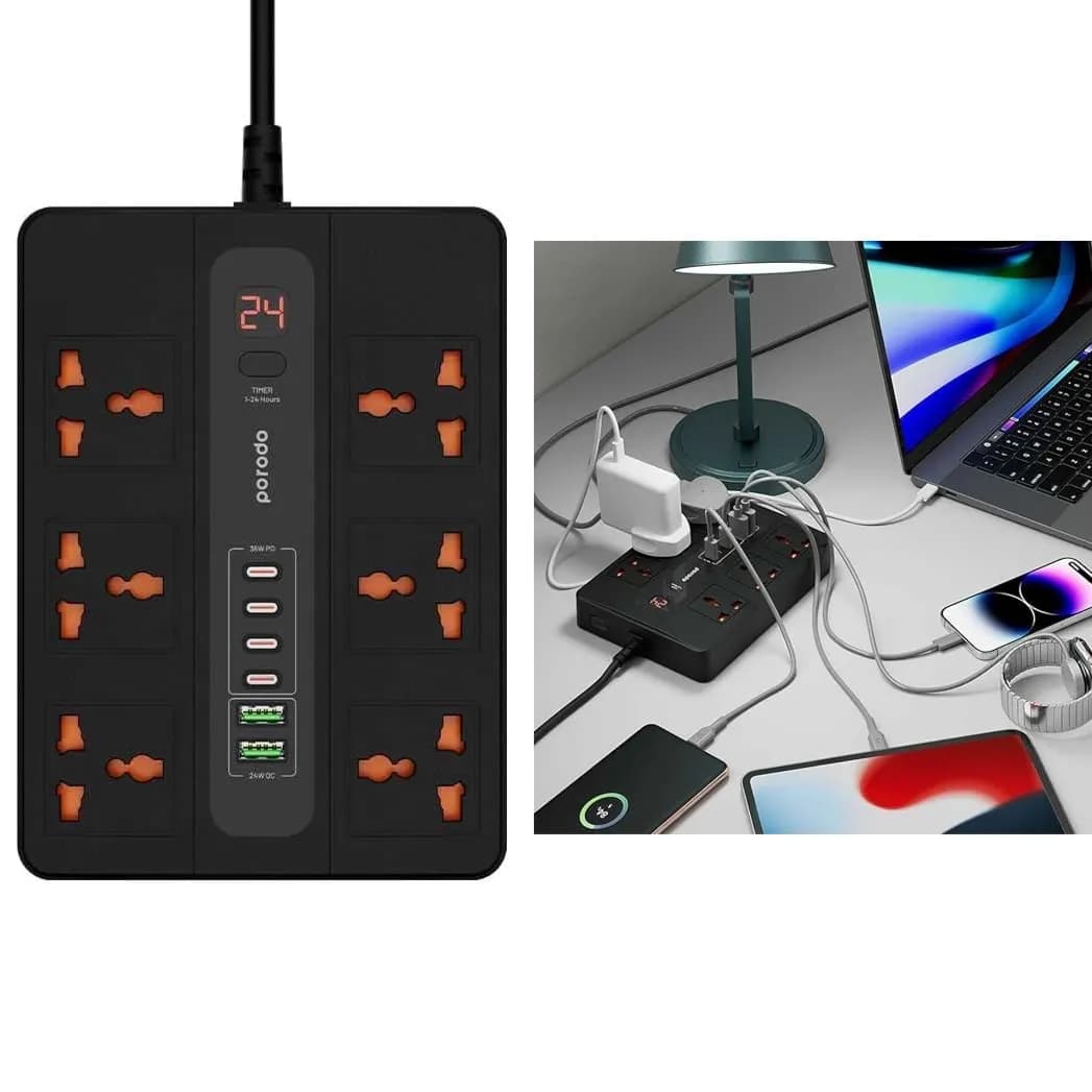 Extension,Power Socket,6 Plug,2 Usb,4 Usb-C With 3M Cable-Porodo