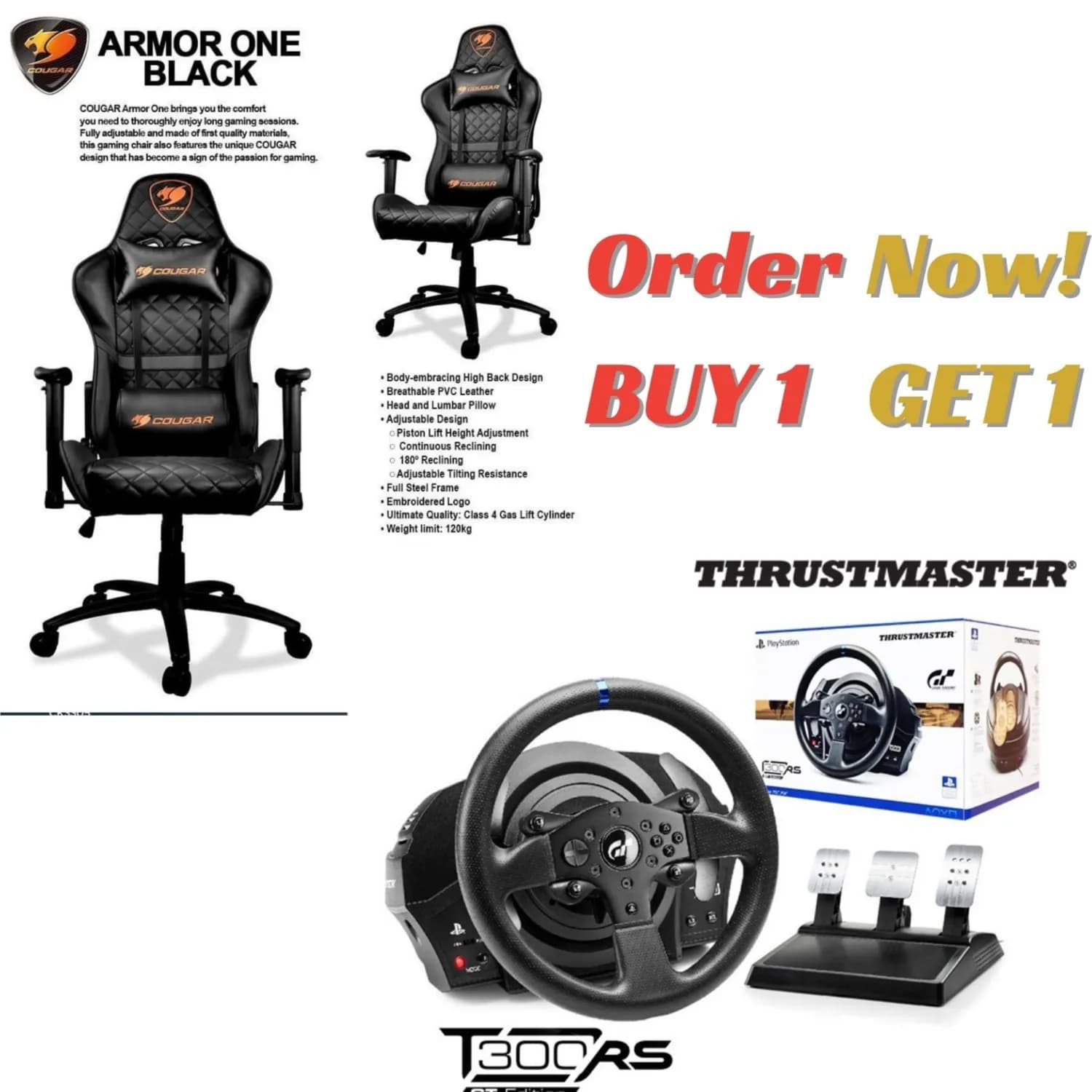 COUGAR Armour one black-High quality gaming chair + Playstation Thrustmaster T300 RS - Gran Turismo Edition Racing Wheel (PS5,PS4,PC) ( BUY 1 GET 1)