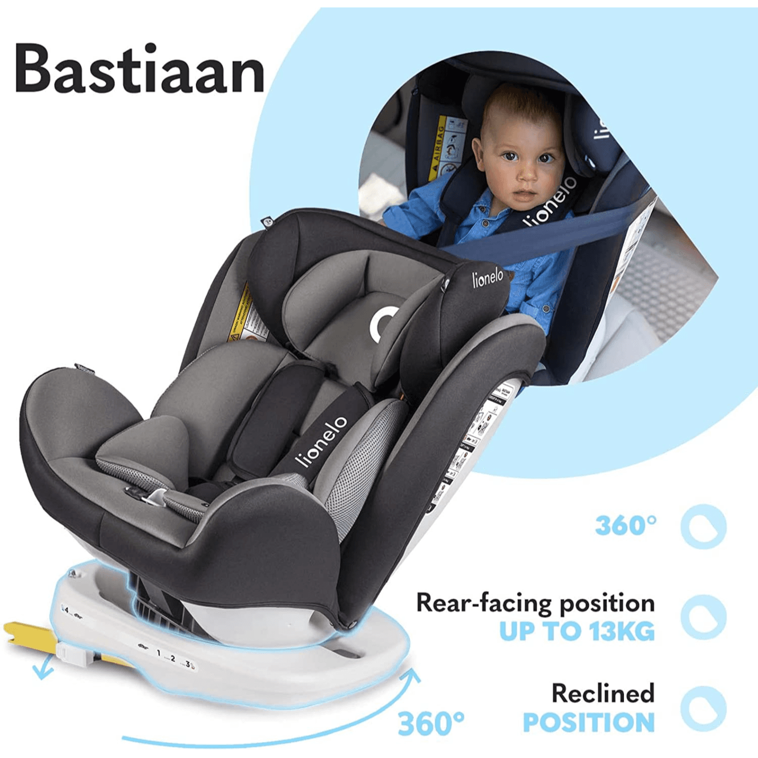Lionelo Bastiaan 360 Baby Car Seat Grey White Base (Buy 1 Get 1 Free)