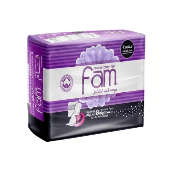 Fam natural cotton feel Feminine pads night Folded & Compressed with wings 8pcs