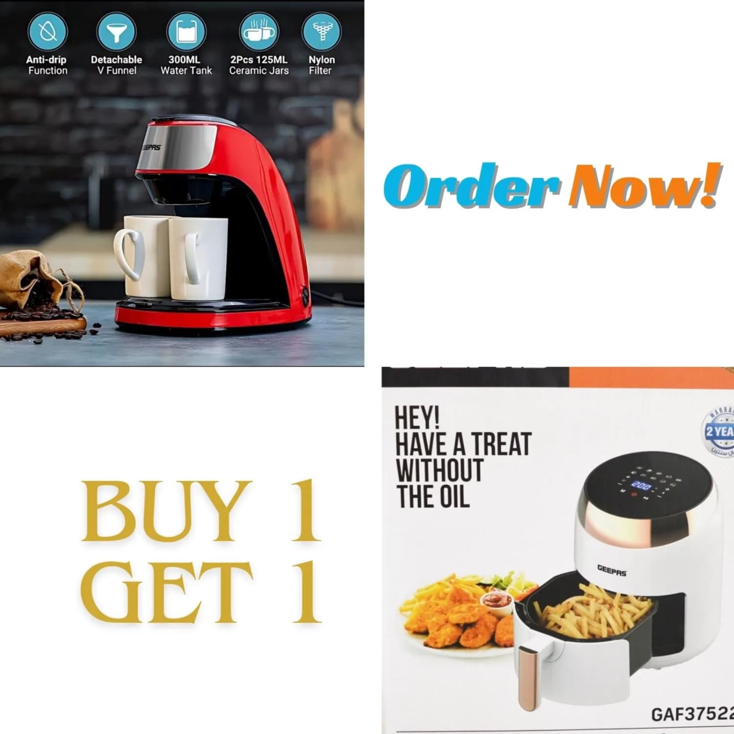 Geepas Coffe Maker + Digital Airy Fryer ( BUY 1 GET 1)