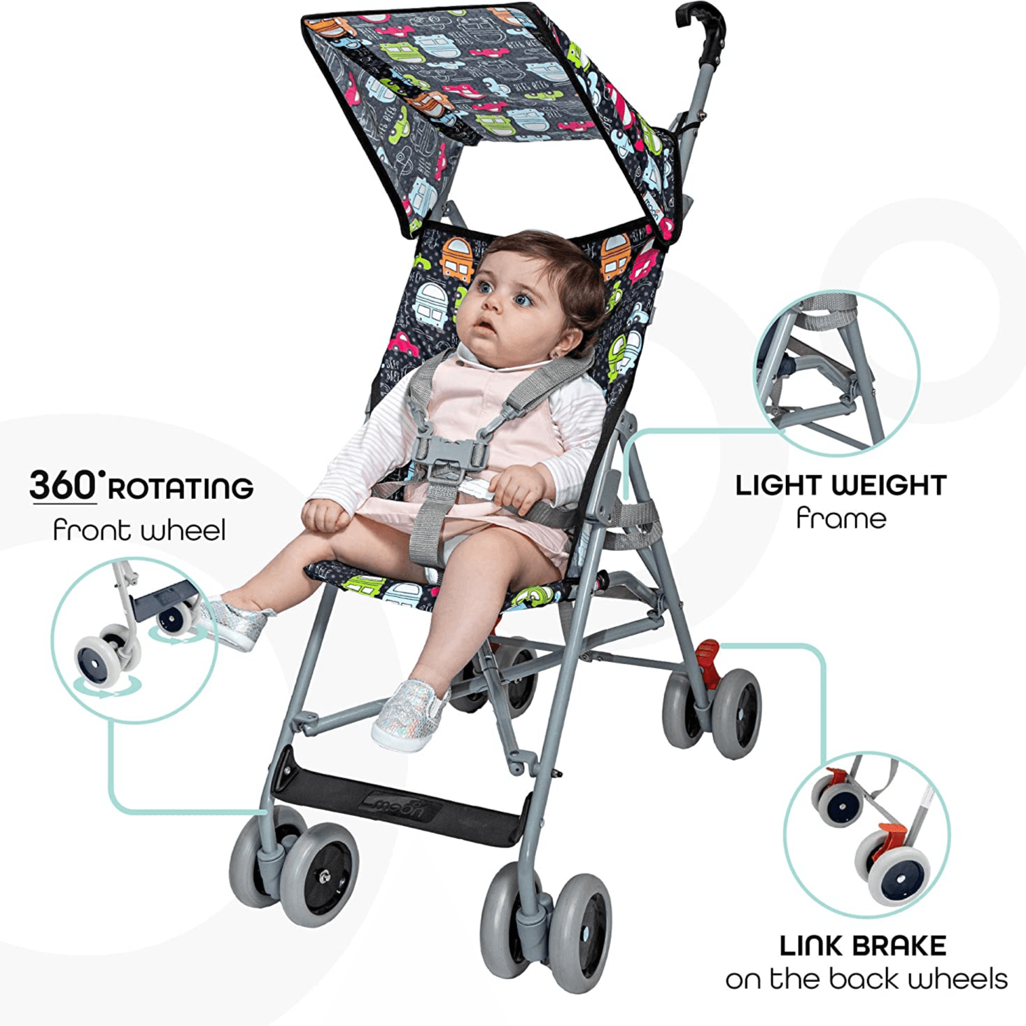 Moon Jet Ultra Light Weight Compact Fold Buggy Stroller Printed Cars (Buy 1 Get 1 Free)