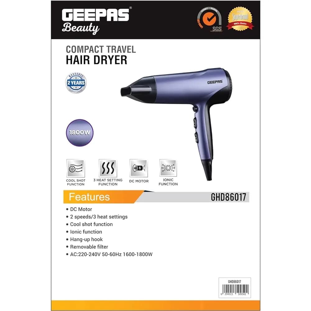 Geepas Compact Travel Hair Dryer, Cool Shot Function, GHD86017 | 3 Heat & 2 Speed Settings | Removable Filter | Hang Up Hook | 1800W Portable Ionic Fast Drying Blower