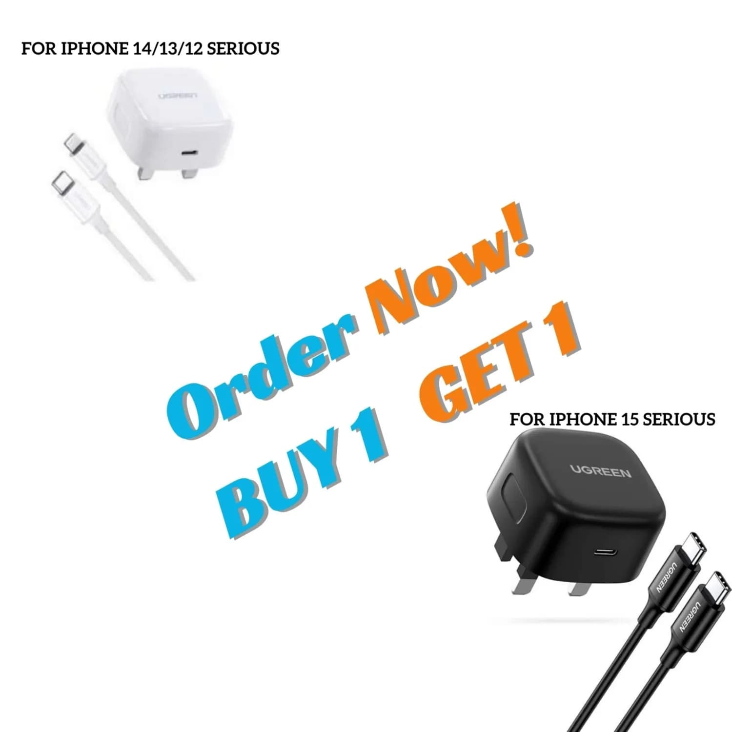 Ugreen 20W Fast Charger with Lightning Cable + 25W Fast Charger with Type-C Cable ( BUY 1 GET 1)