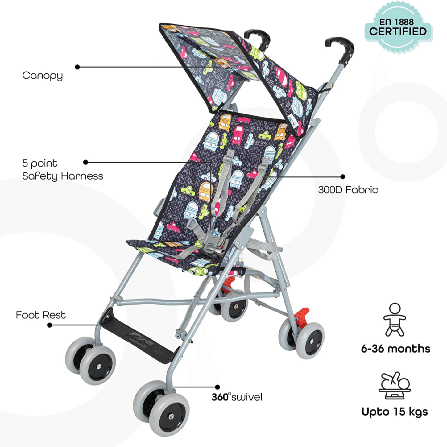 Moon Jet Ultra Light Weight Compact Fold Buggy Stroller Printed Cars (Buy 1 Get 1 Free)