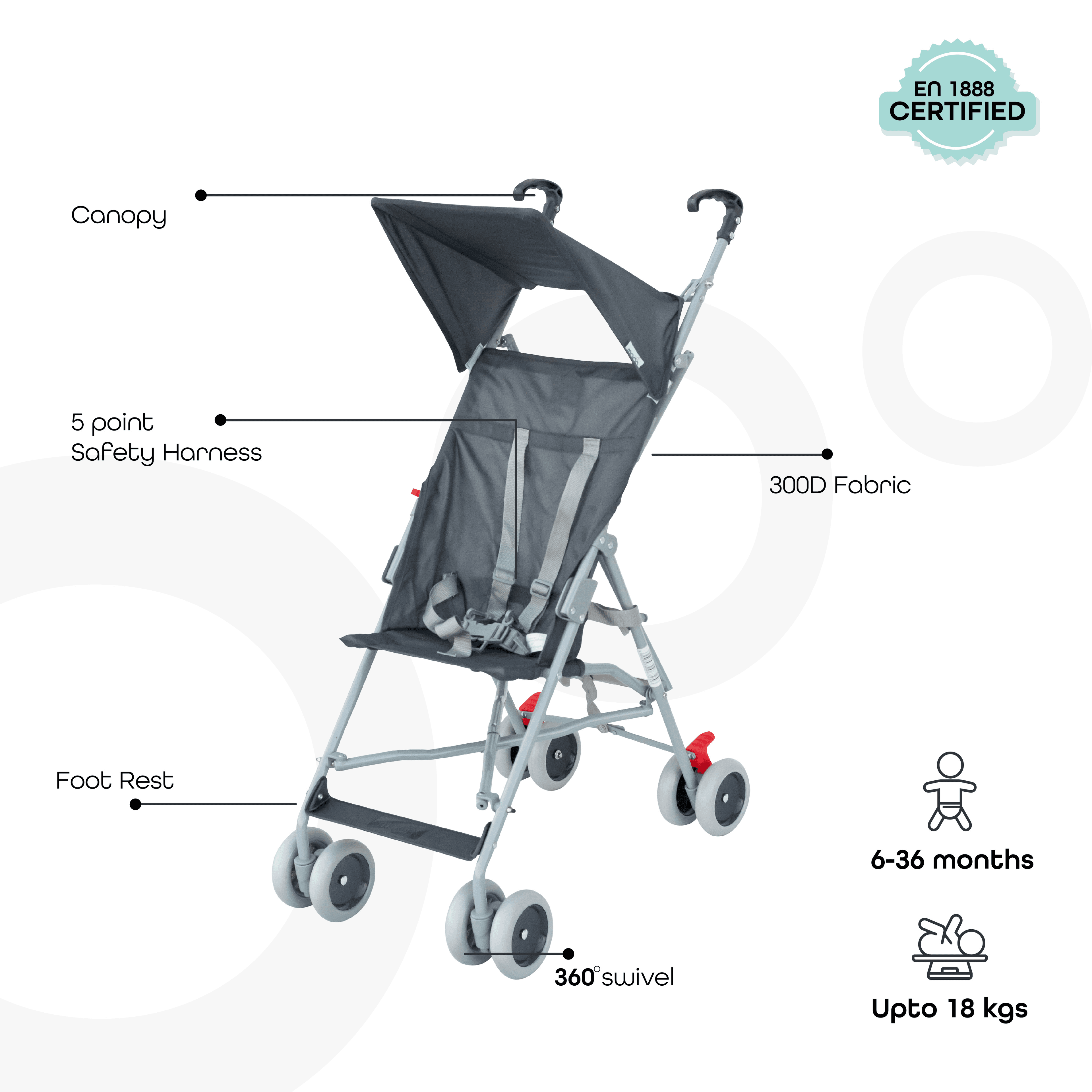 Moon Jet Light Weight Compact Fold Buggy Stroller Dark Grey (Buy 1 Get 1 Free)
