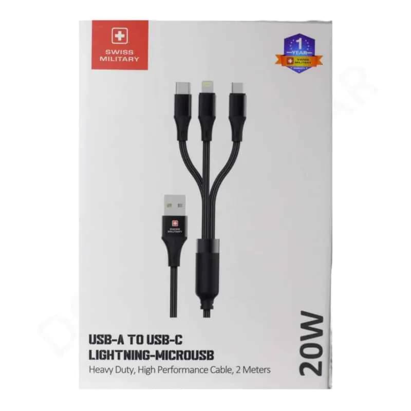 Swiss Military 3in1 Heavy duty-high performance cable 2mtr (USB-A to USB C-Lightning-Micro)