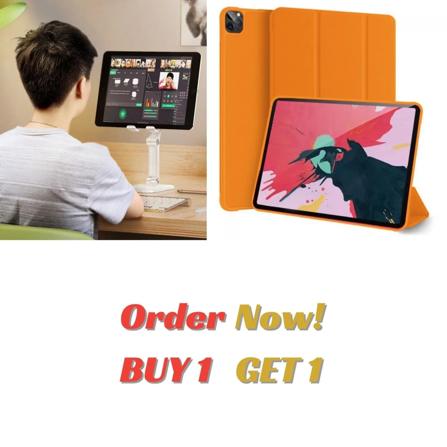 HOCO PH34 Folding desktop stand with large adjustable angle + Folio iPad Pro 12.9 Case-Orange ( BUY 1 GET 1)