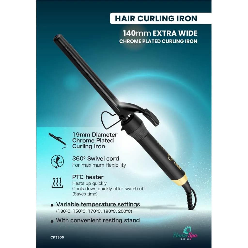 CLIKON – 19mm CHROME PLATED HAIR CURLER, 30 SECOND FAST HEATING, PTC FAST HEATING ELEMENT, 360° SWIVEL POWER CORD, BLACK & GOLD, 40 WATTS – CK3306