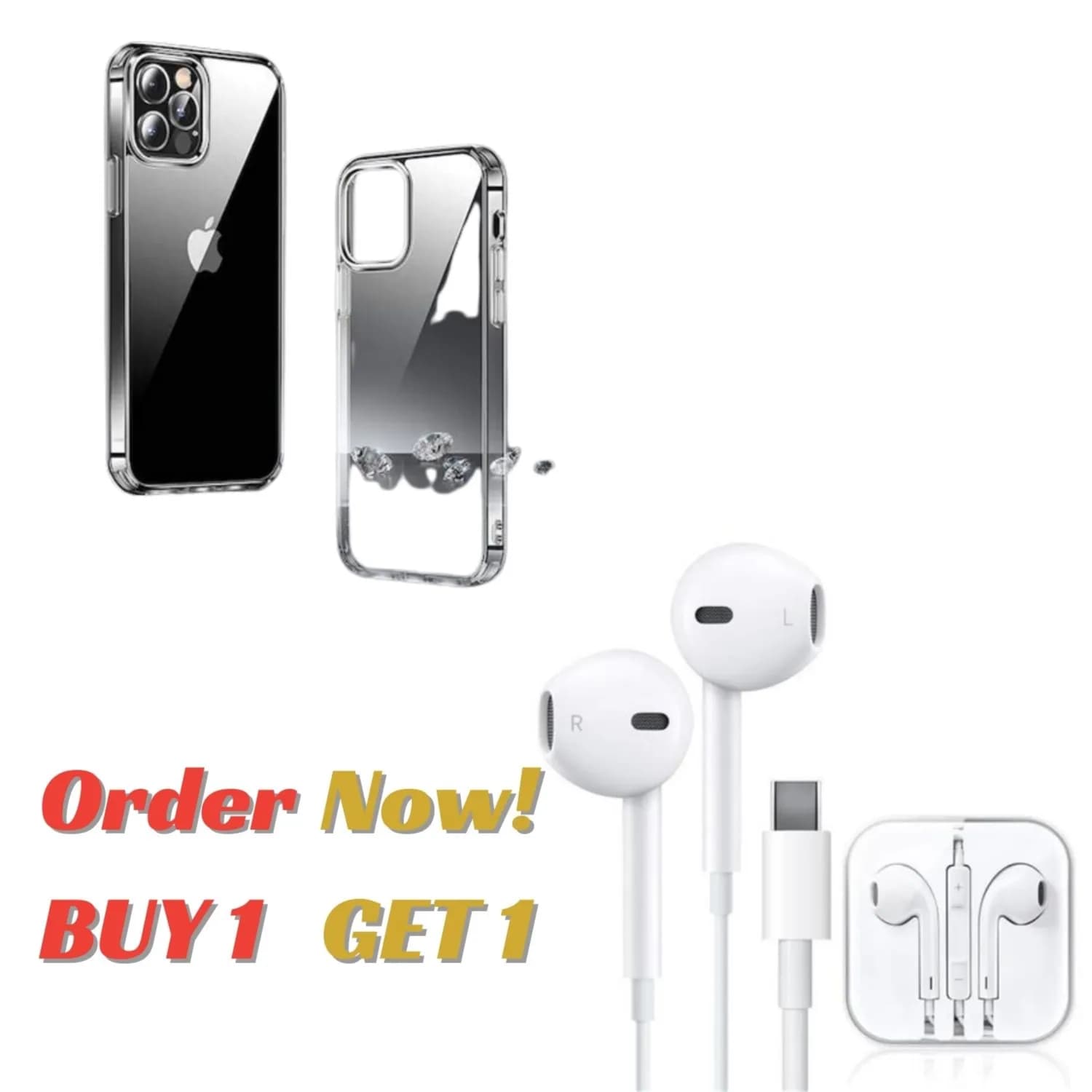 Apple 100% Earpods Headphone Type-C + Iphone 15 Pro Max Crystal Clear Case ( BUY 1 GET 1)