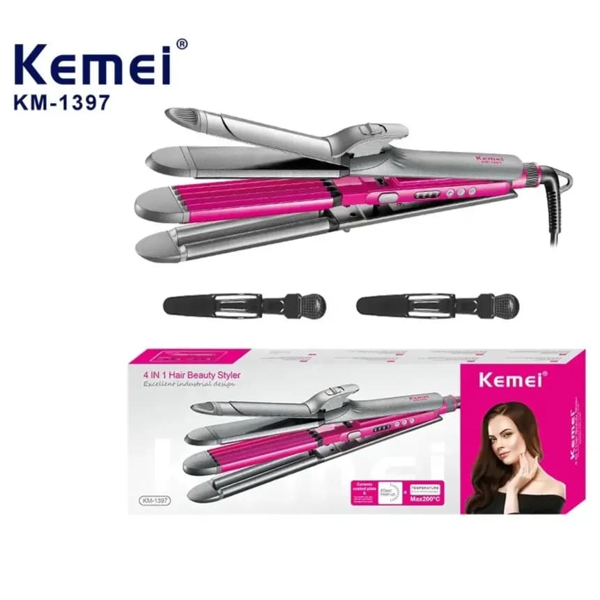 KEMEI 4 in 1 Hair beauty styler (Ceramic coated plate - 60sec heat-up - Temperature Max200°C)