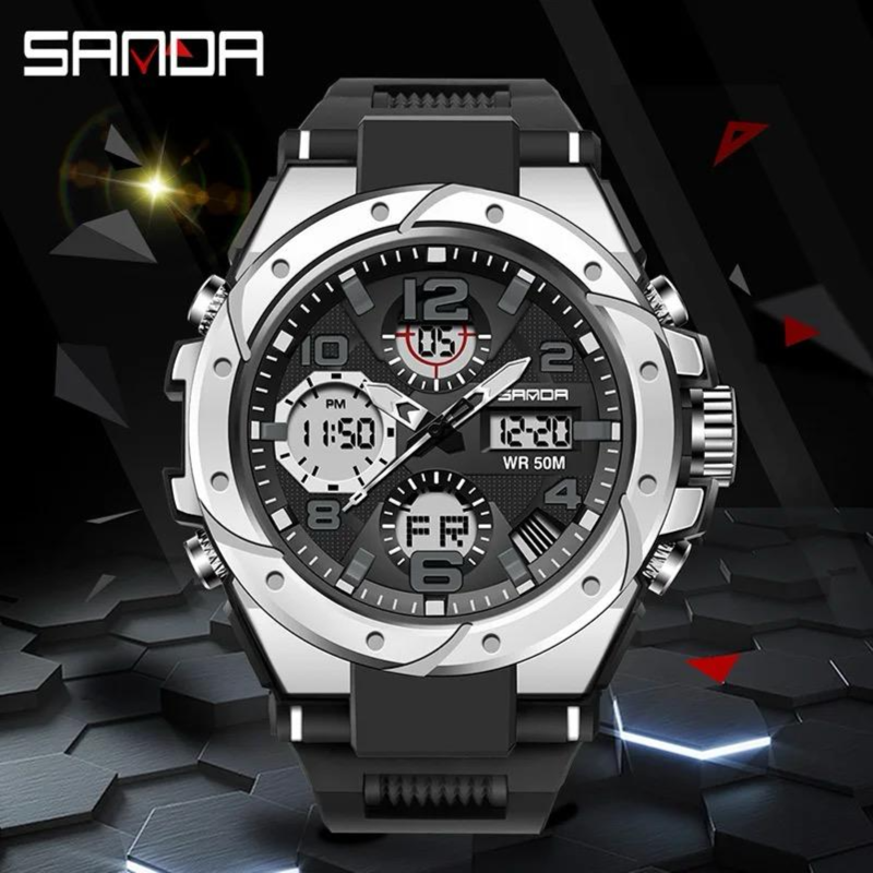 Sanda-Silicone Bracelet Watch Men Women Digital Quartz Wristwatch Couple Gift Fashion -07 Black-Silver