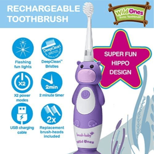 Brush Baby New Wildone Hippo Rechargeable Toothbrush (Buy 1 Get 1 Free)