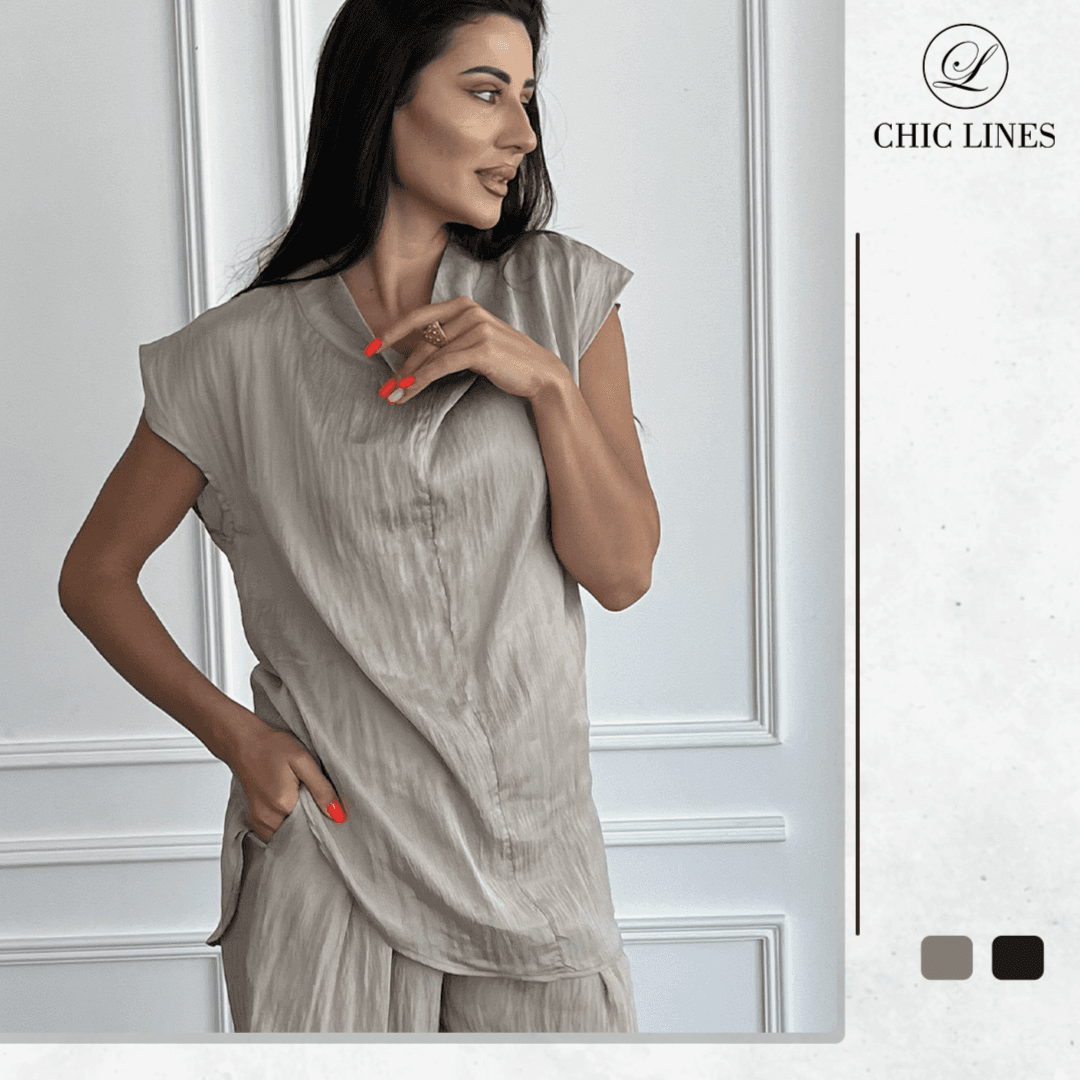 Beige Chic Crinkle Textured Two-Piece Set – Elegant Sleeveless Top & Wide-Leg Pants - Size M