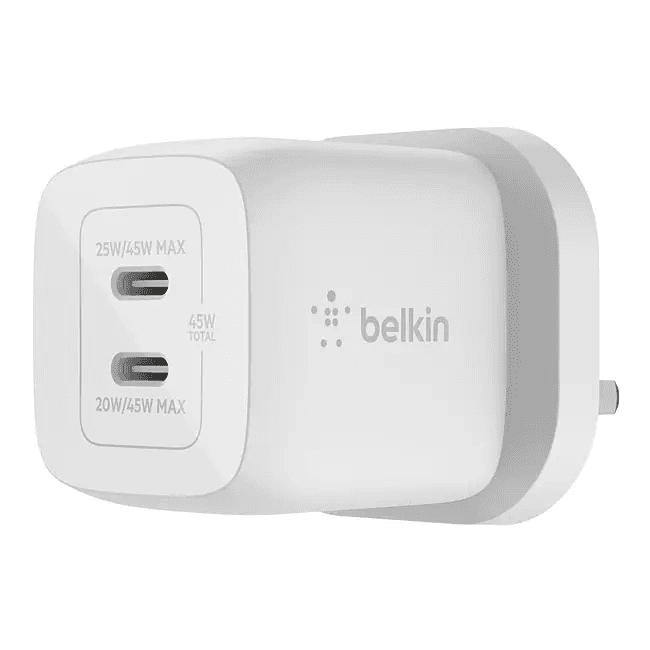 Belkin BoostCharge Pro Dual USB-C GaN Wall Charger With PPS 45W White