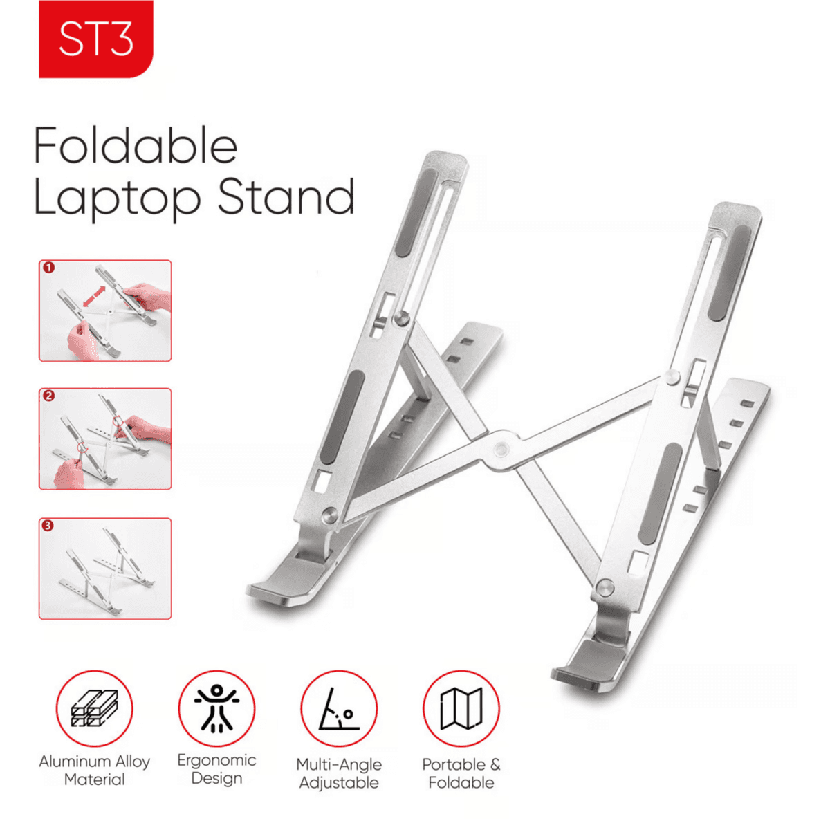 ISmart Foldable Aluminium Laptop Stand, Silver-ST3