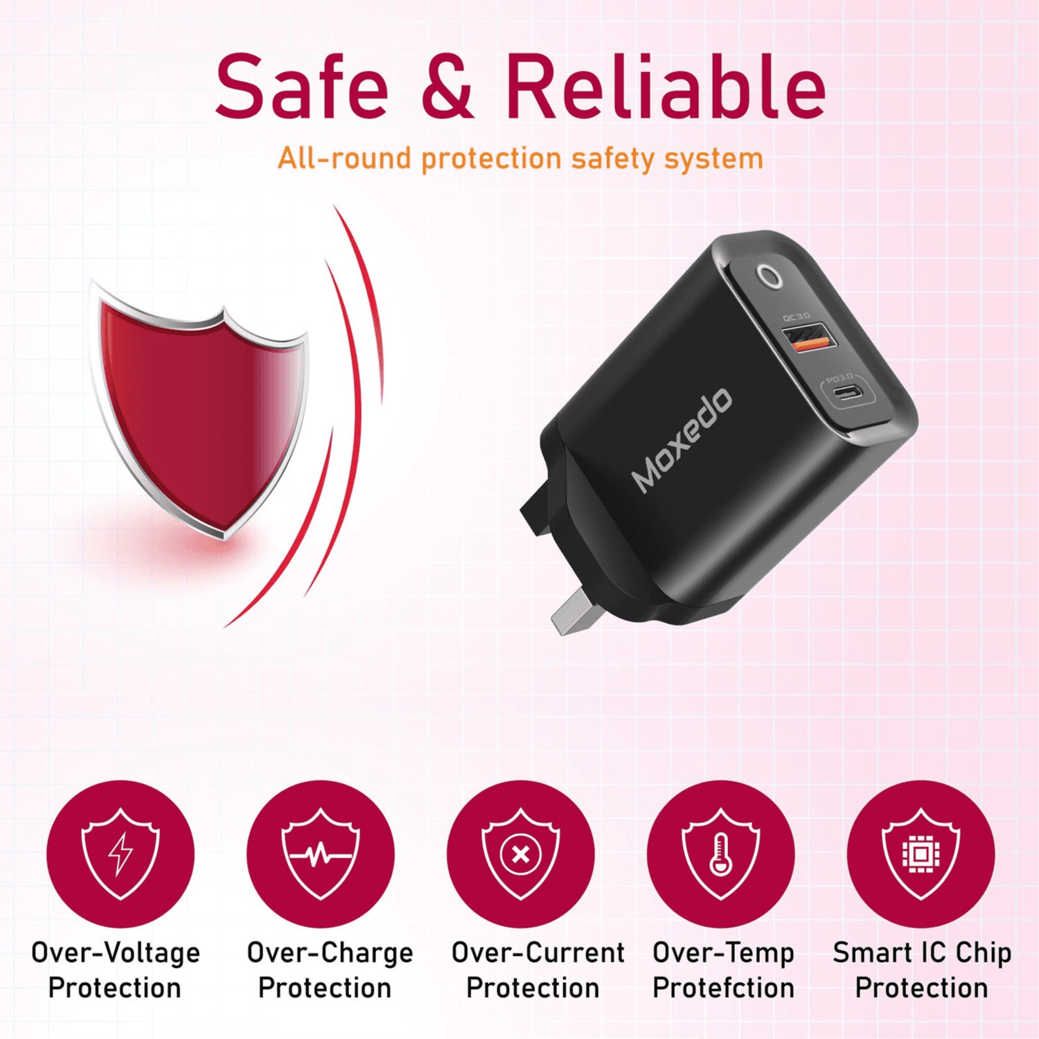 شاحن حائط سريع Moxedo Volton Plus 30w ثنائي المنافذ Pd 3.0 و Qc 3.0 مع محول USB-c إلى USB-c