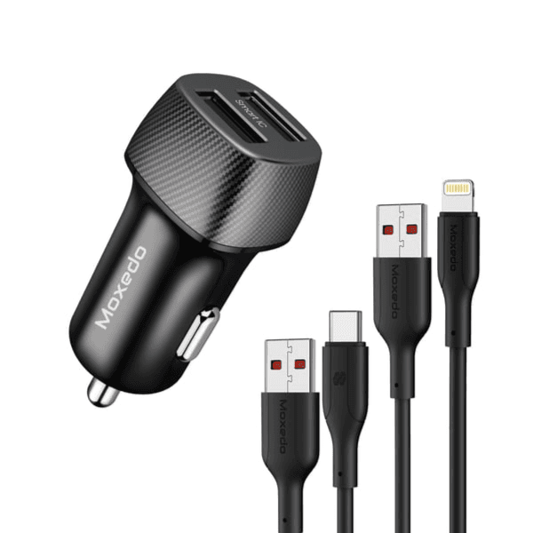 شاحن سيارة موكسيدو 3.4 أمبير بمنفذين USB-A مع كابلين