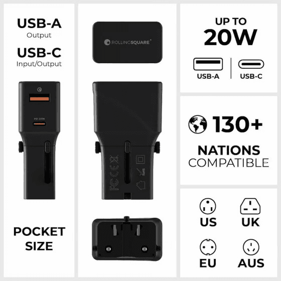 Rolling Square Pocket Travel 20W Adapter