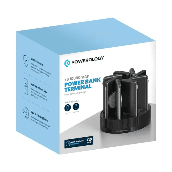 Powerology 8 IN 1 Power Bank Terminal 8x 10000mAh Wireless Power Bank - Black