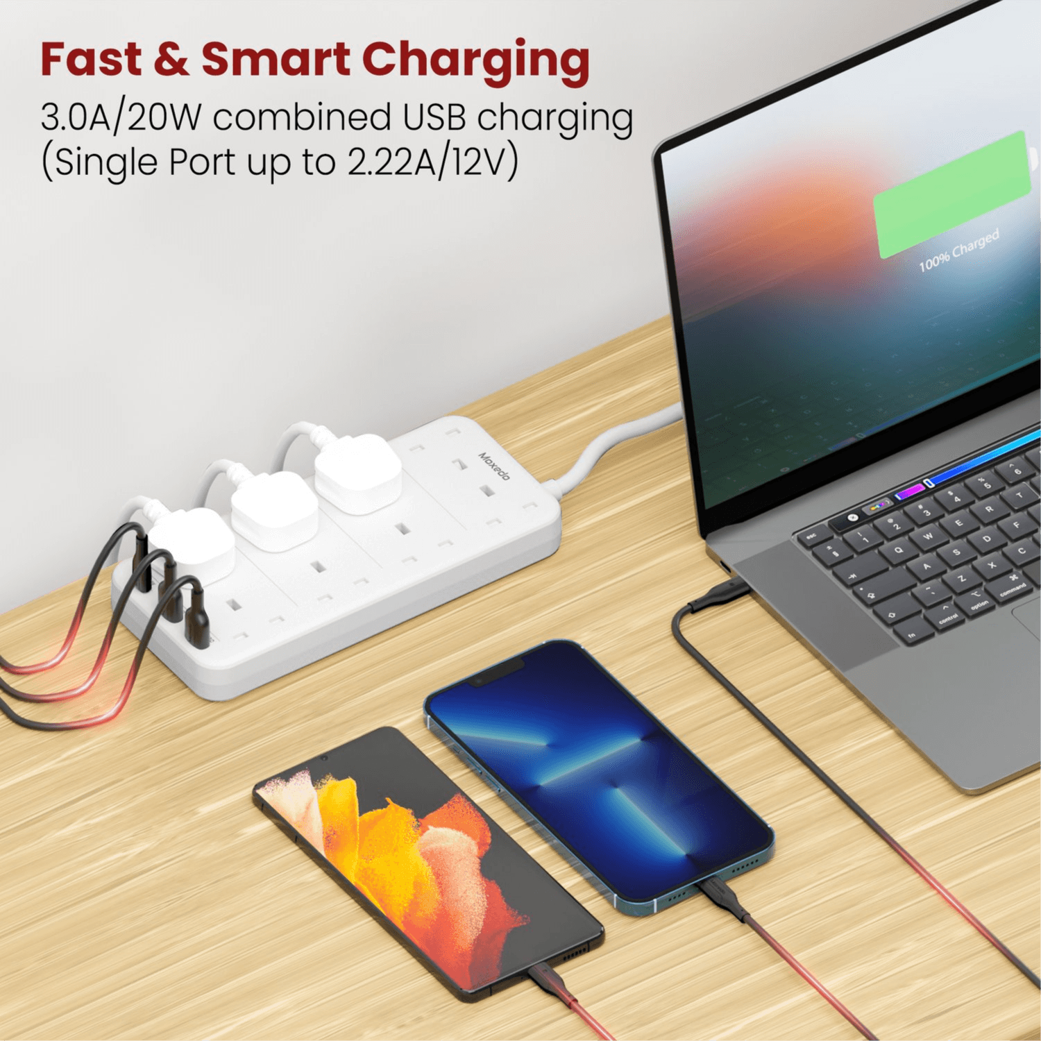 شريط طاقة Moxedo 20 وات مع واقي من التيارات الكهربائية الزائدة، 11 منفذ USB-C PD + 2 منفذ USB-A + 8 منافذ تيار متردد، شحن سريع مع طول كابل 2 متر