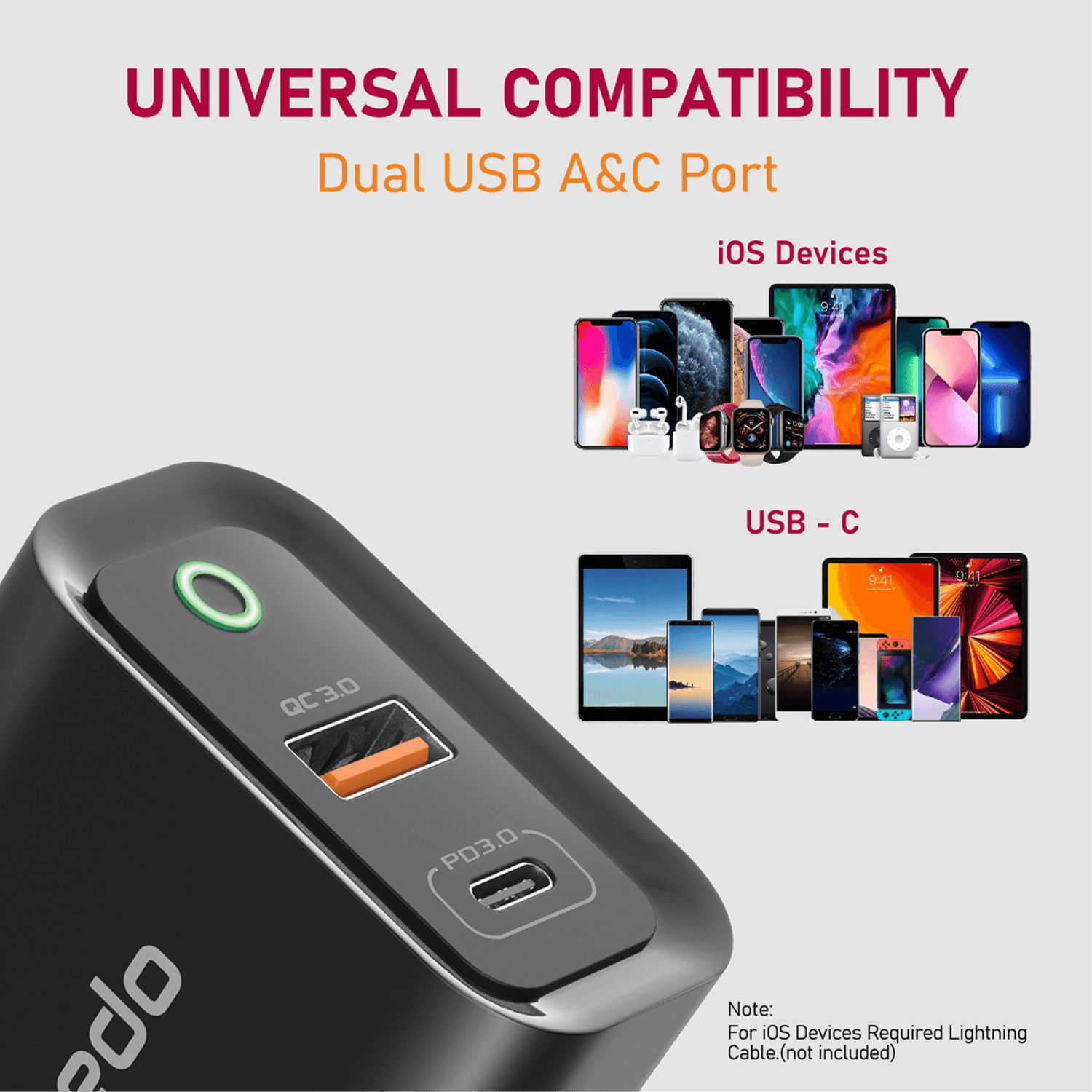 شاحن حائط سريع Moxedo Volton Plus 30w ثنائي المنافذ Pd 3.0 و Qc 3.0 مع محول USB-c إلى USB-c
