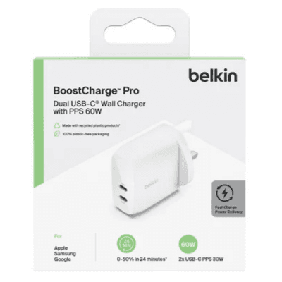 Belkin BoostCharge Pro 60W Dual USB-C PPS Wall Charger - White-WCB010MYWH
